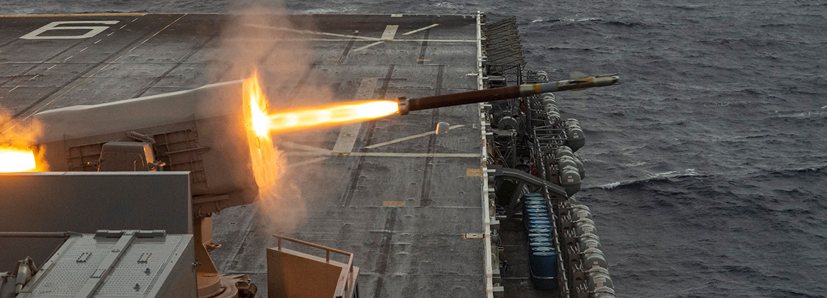 USS America (LHA 6), fires a RIM-116 Rolling Airframe Missile during routine operations while underway in the Philippine Sea, Jan. 24, 2023